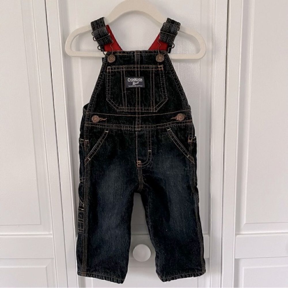 OshKosh B’Gosh Baby Favorite Dark Denim Red Fleece Lined Overalls Size 9 Months